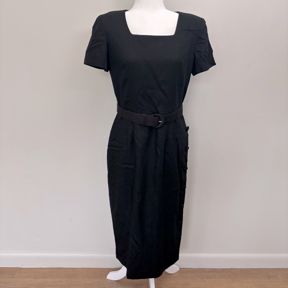 VTG Yves Cossette Depeche Mode Black Midi Dress-Linen Blend-Belt-Side Button-12P